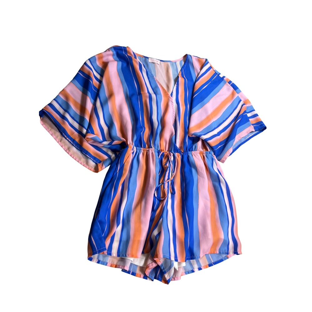 Pink Lily Romper Womens S Striped Kimono Sleeve Blue Pink Orange Tie Waist Boho